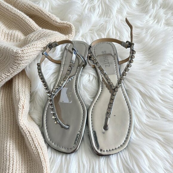 SCHUTZ Silver Rhinestone Thong Sandals Size 38 / US 8 - Picture 1 of 8